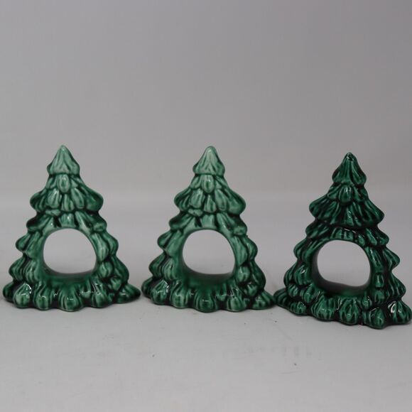 VTG Set 5 Ceramic Glazed Christmas Tree Napkin Rings Holiday Tableware 3" High - Picture 3 of 5